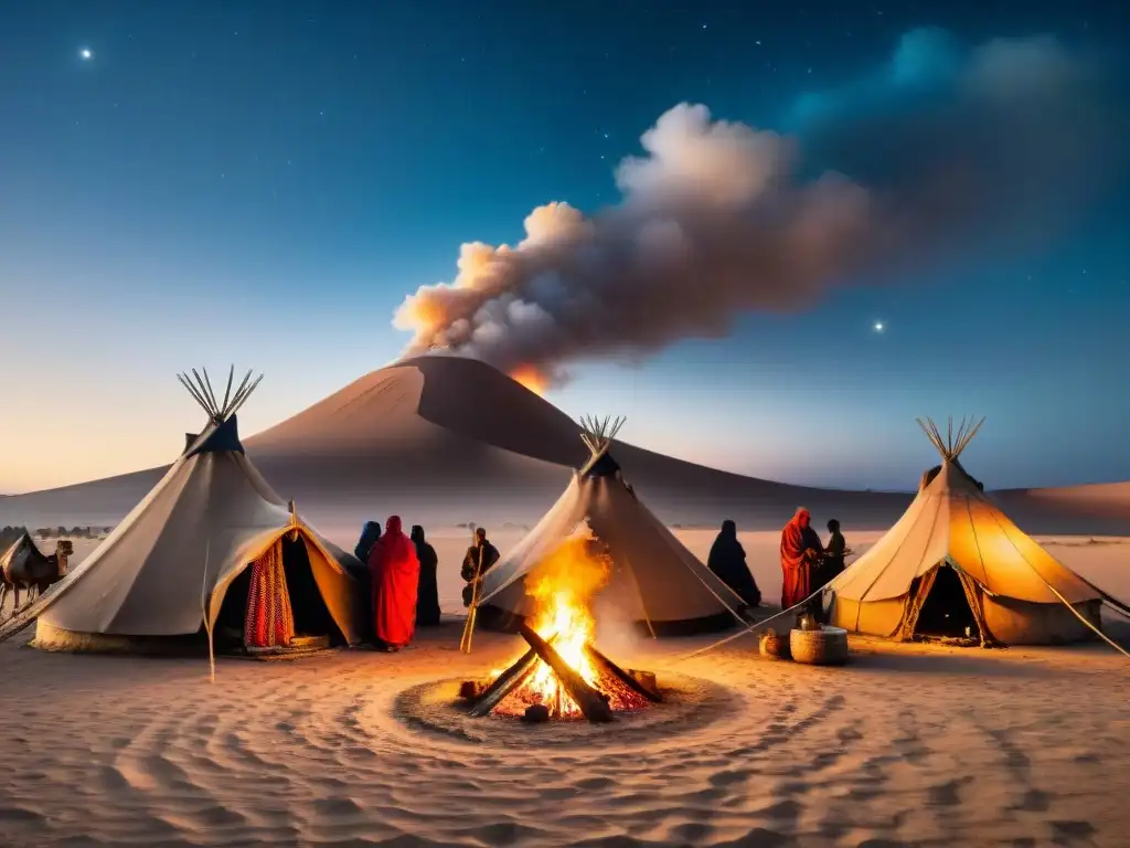 Campamento tradicional de tribu nómada bajo un cielo estrellado, con fogata central y vida comunitaria