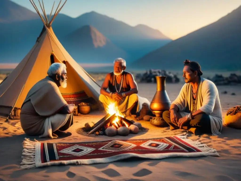 Campamento de tribu nómada al atardecer, con ancianos en conversación alrededor del fuego