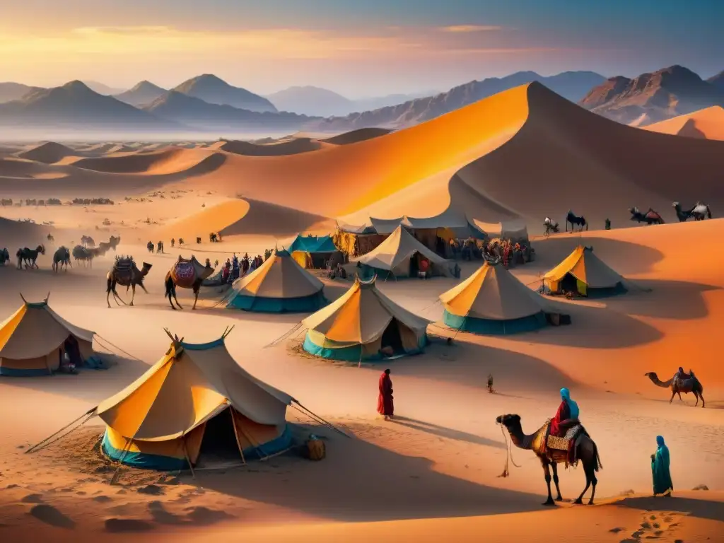 Campamento de tribu nómada al atardecer, con tiendas detalladas, gente cocinando, contando historias y cuidando animales en un desierto estrellado