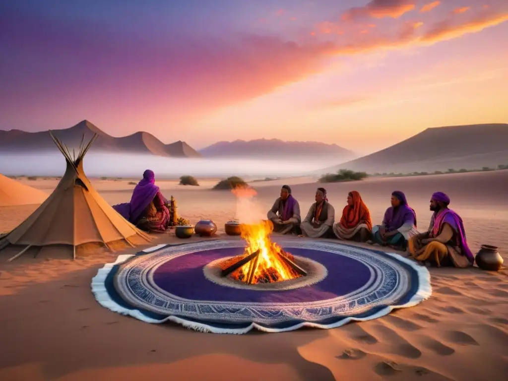 Campamento de tribu nómada al atardecer en desierto con tiendas de piel de camello y alfombras tejidas