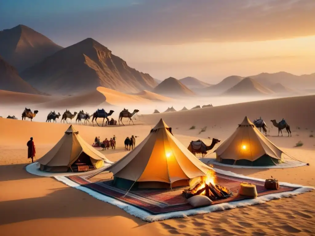 Un campamento de tribu nómada al atardecer en el desierto