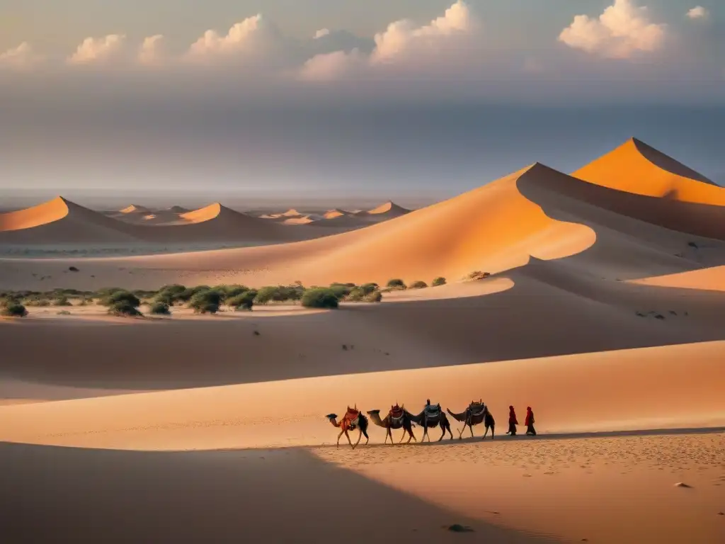 Un campamento de tribu nómada en el desierto al atardecer, con tiendas de piel de camello y patrones migratorios tribus nómadas