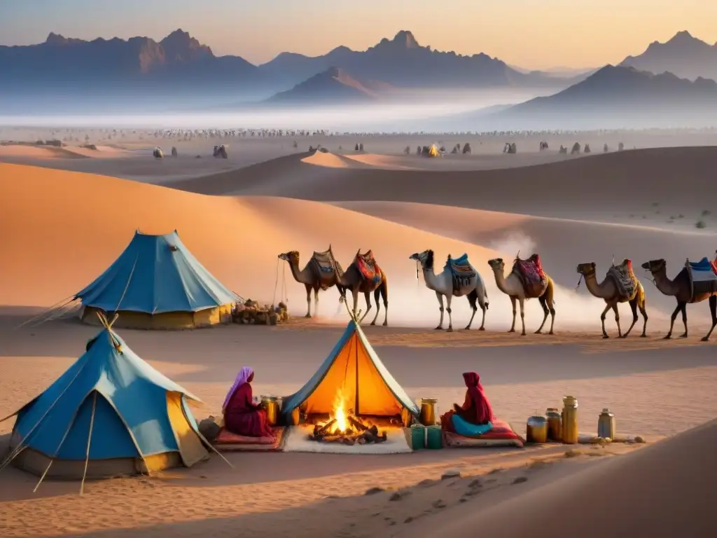 Campamento de tribu nómada en desierto con platos emblemáticos y colores vibrantes al atardecer