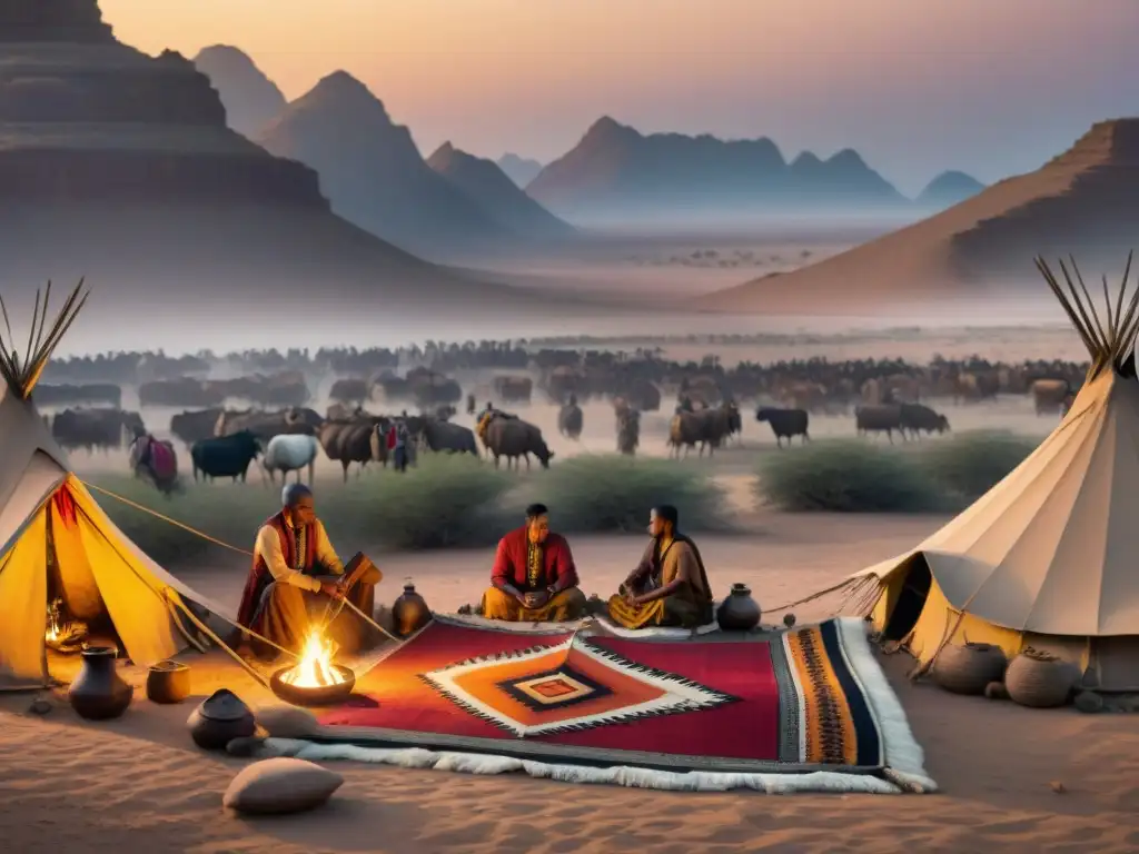 Campamento de tribu nómada en desierto al atardecer