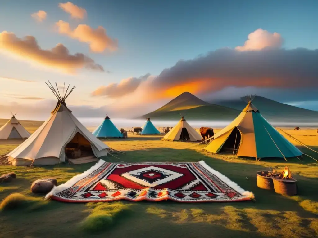 Un campamento de tribu nómada en las estepas doradas al atardecer, resaltando el legado cultural y la historia de estas comunidades