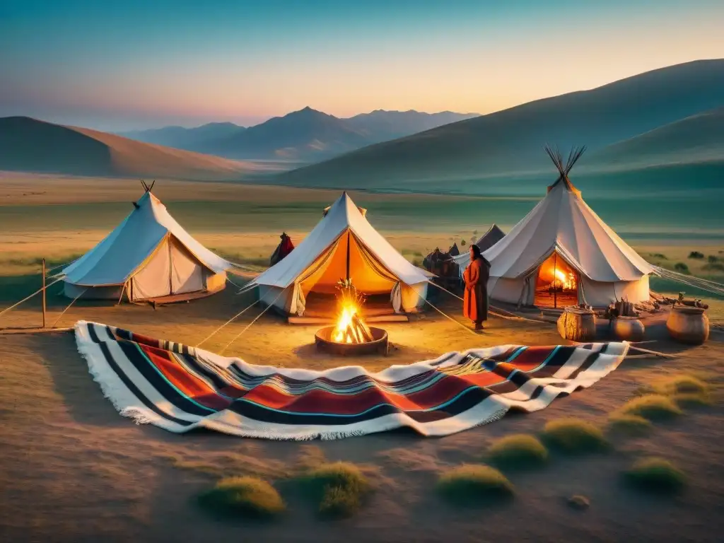 Campamento de tribu nómada con expresiones artísticas tribus nómadas bajo cielo estrellado en la estepa