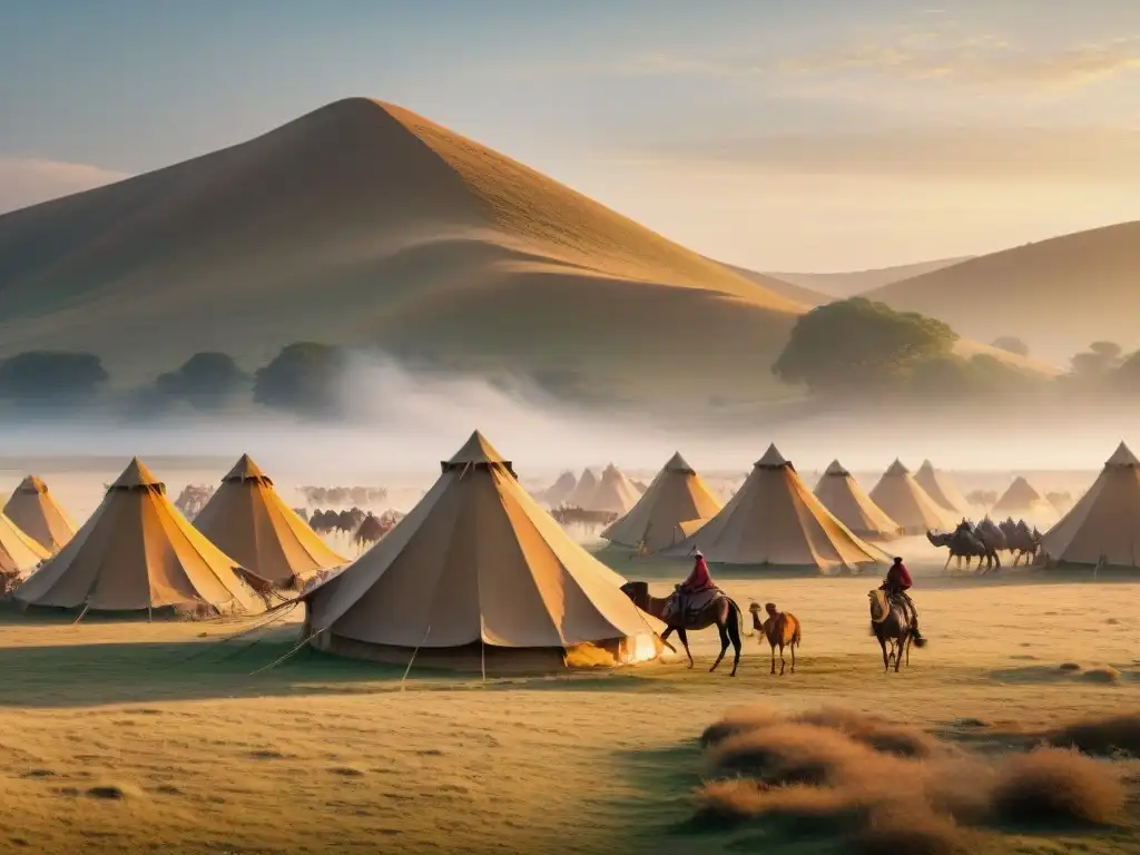 Campamento nómada en las llanuras doradas: tradición y vida salvaje Campamento de tribu nómada en la llanura dorada con tiendas tradicionales y actividades diarias al atardecer