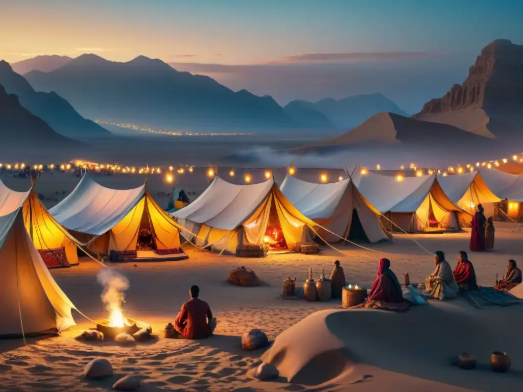 Campamento de tribu nómada al anochecer, con tiendas decoradas y actividades comunitarias bajo el cielo estrellado