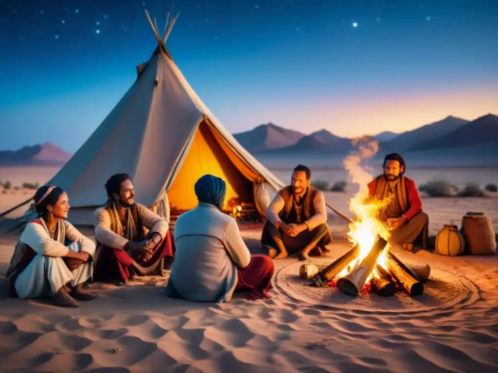 Un campamento con tribus nómadas auténticas alrededor de una fogata en el desierto bajo un cielo estrellado