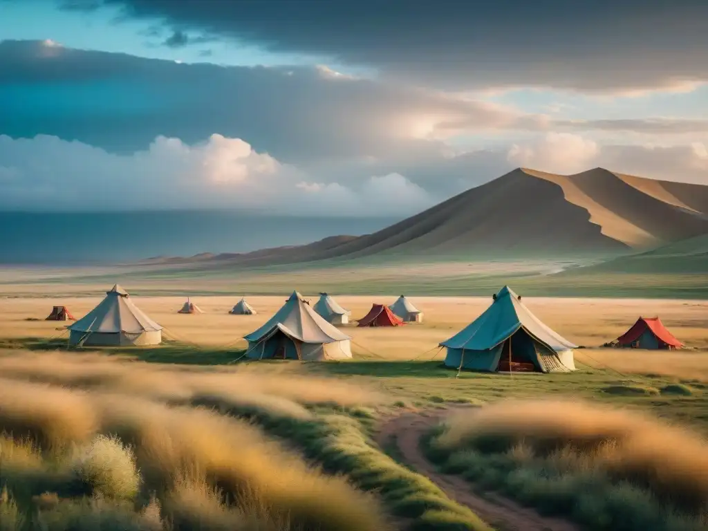 Campamento de tribus nómadas en una estepa, reflejando sostenibilidad ambiental y armonía con la naturaleza