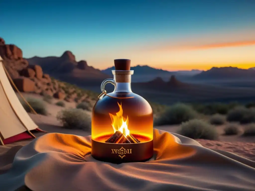 Antigua cantimplora de cuero con elixir dorado Cantimplora vintage con tónicos ancestrales para renovar energía en desierto místico al atardecer