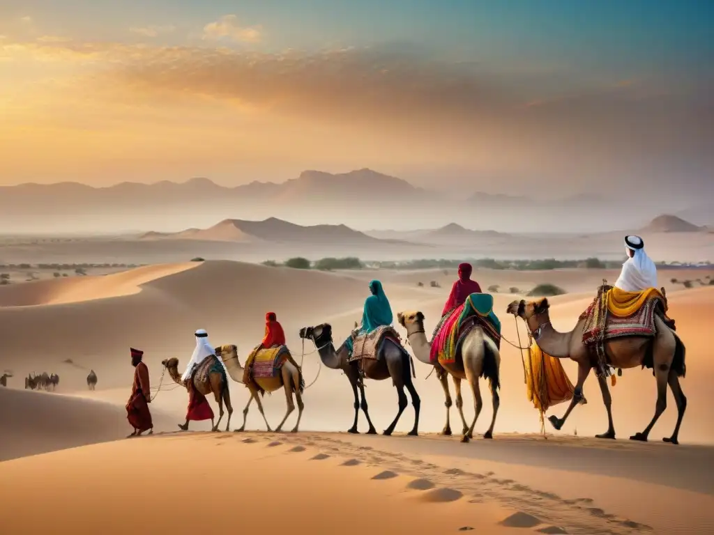 Una caravana de beduinos nómadas atraviesa el desierto al atardecer