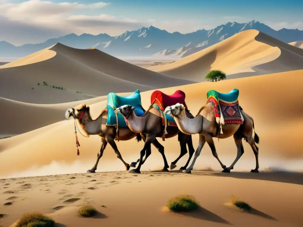 Una caravana de camellos bactrianos con tribus nómadas en la Ruta de la Seda, símbolo de intercambio cultural y resistencia