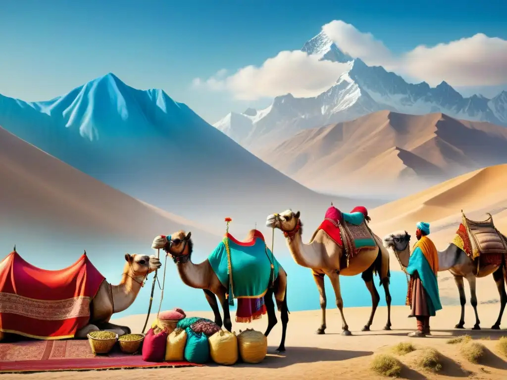 Caravana de camellos en la Ruta de la Seda Caravana de camellos cargados con sedas y especias en la Ruta de la Seda, reflejando la justicia nómada