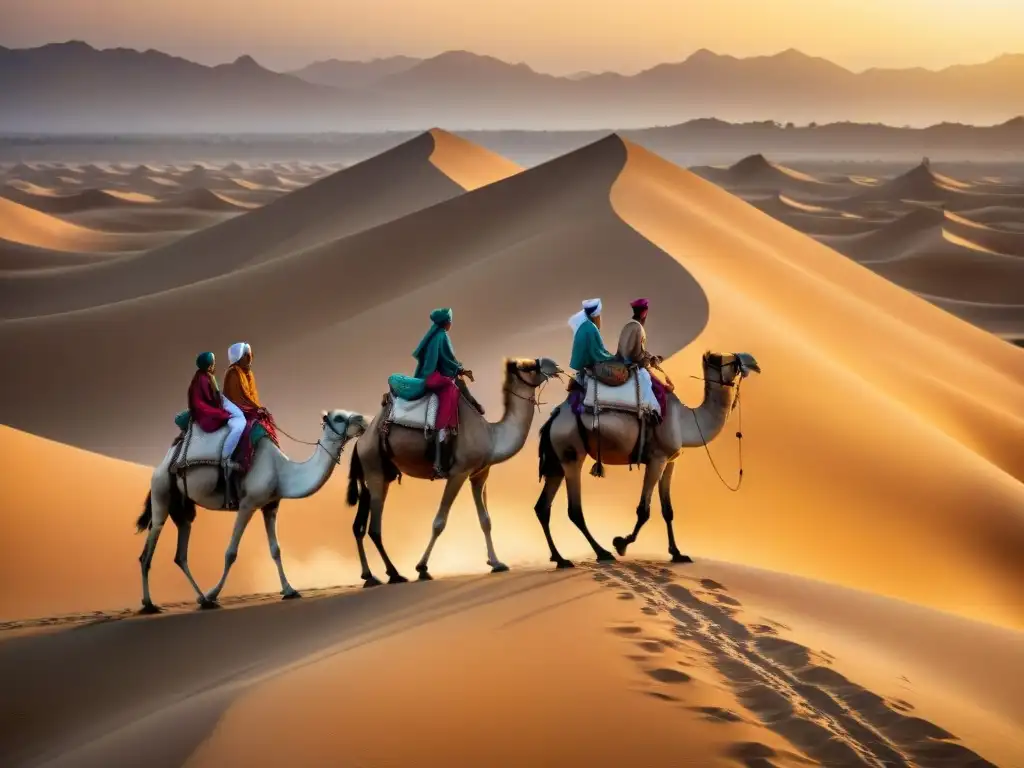 Una caravana de camellos liderada por tribus nómadas en un desierto al atardecer, con textiles vibrantes y paisajes dorados