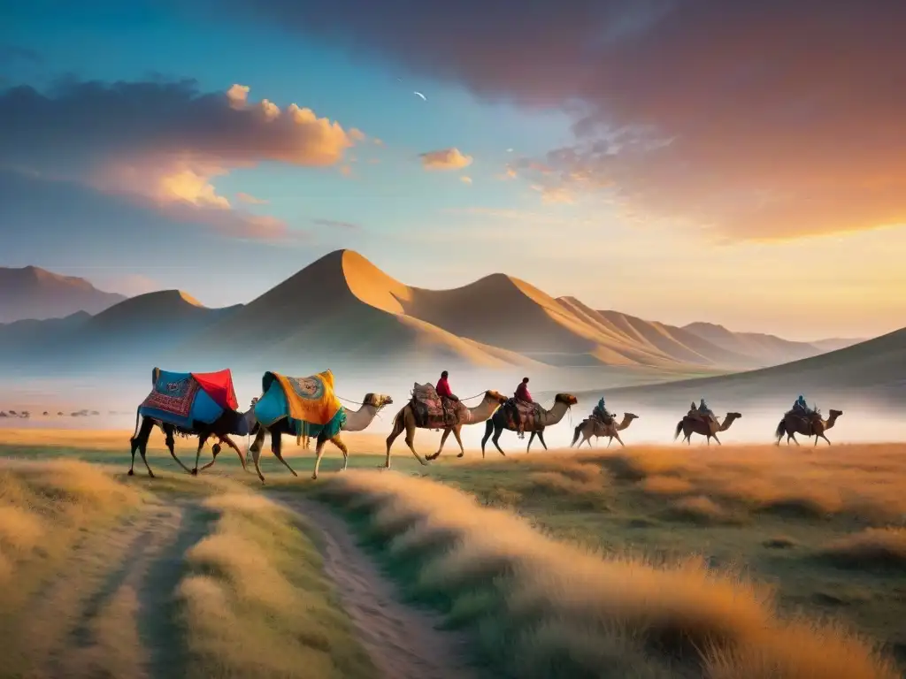 Caravana de camellos en la estepa: comercio y tradición Caravana de camellos en rutas comerciales, tribus nómadas intercambian bienes en la estepa al atardecer