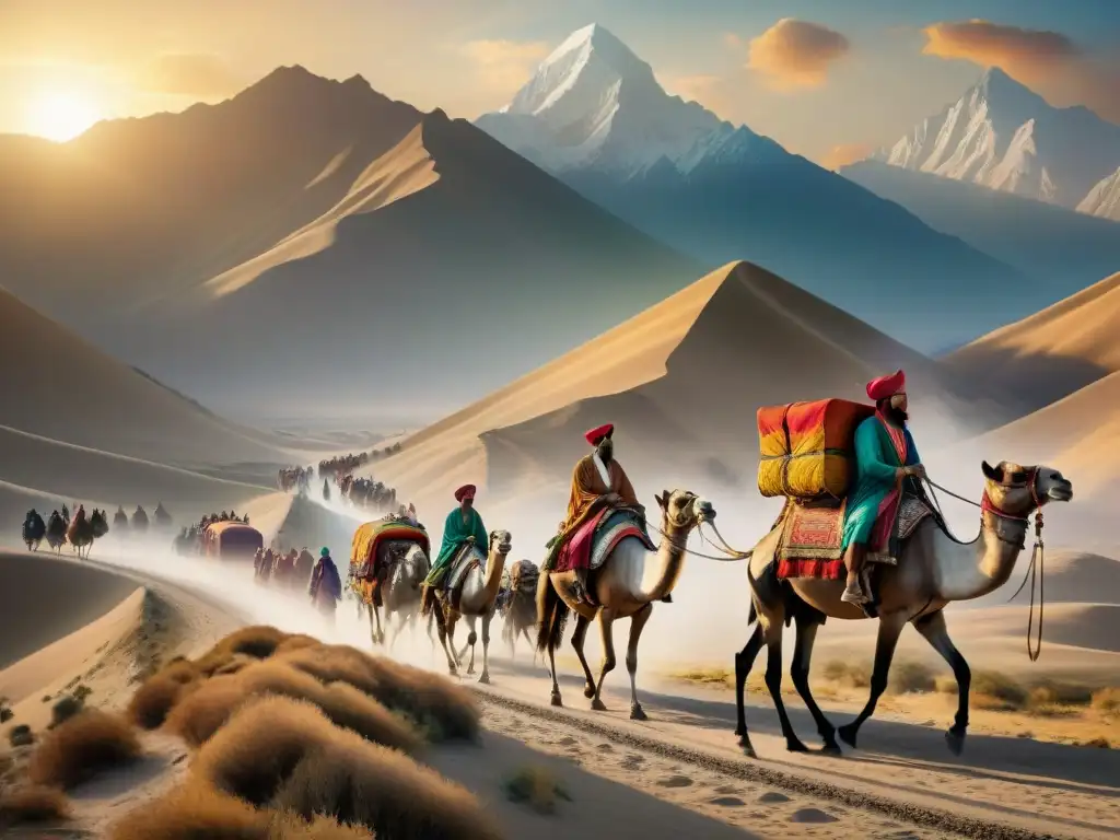 Caravana de comerciantes nómadas en la Ruta de la Seda con caminos polvorientos y montañas al atardecer
