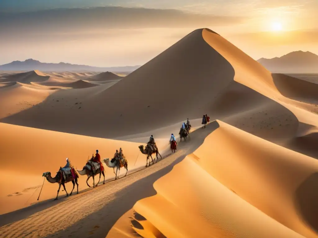 Caravana de diplomacia nómada en la antigüedad atravesando un desierto vasto bajo el sol ardiente