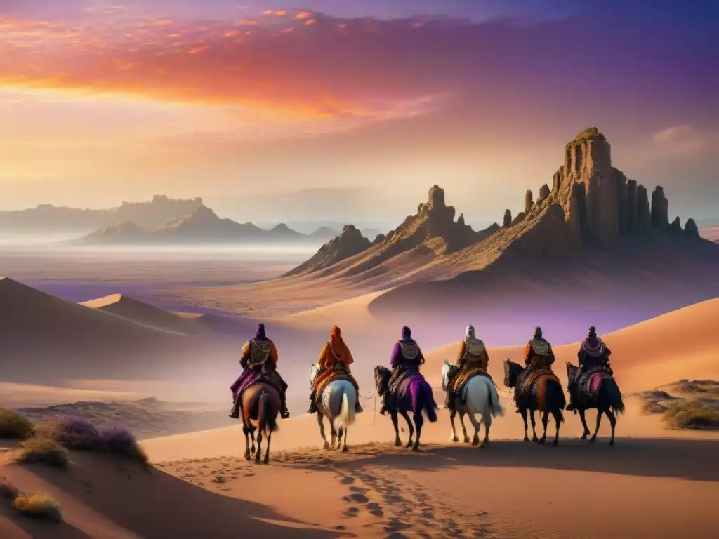 Caravana de guerreros nómadas en un desierto épico al atardecer Caravana de guerreros nómadas en desierto hacia ciudad brillante al atardecer