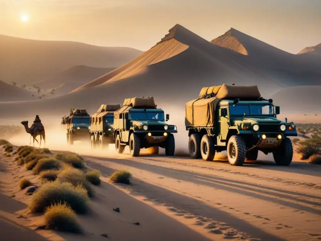 Caravana militar vintage con tecnologías nómadas en la guerra atravesando un desierto árido al atardecer