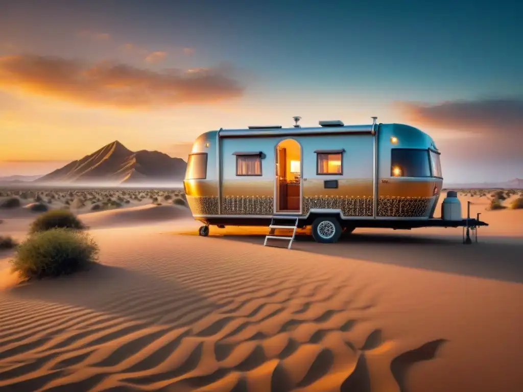 Caravana moderna inspirada en nómadas explorando el desierto al amanecer