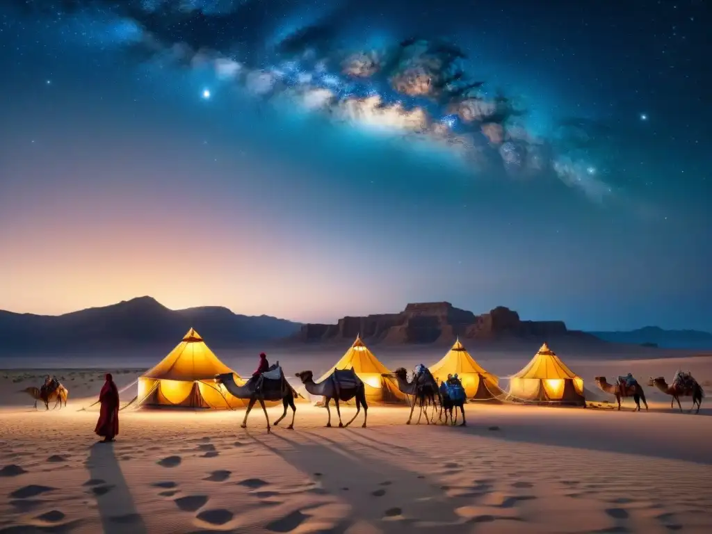 Caravana nómada bajo cielos estrellados: vida nómada de tribus históricas en el desierto