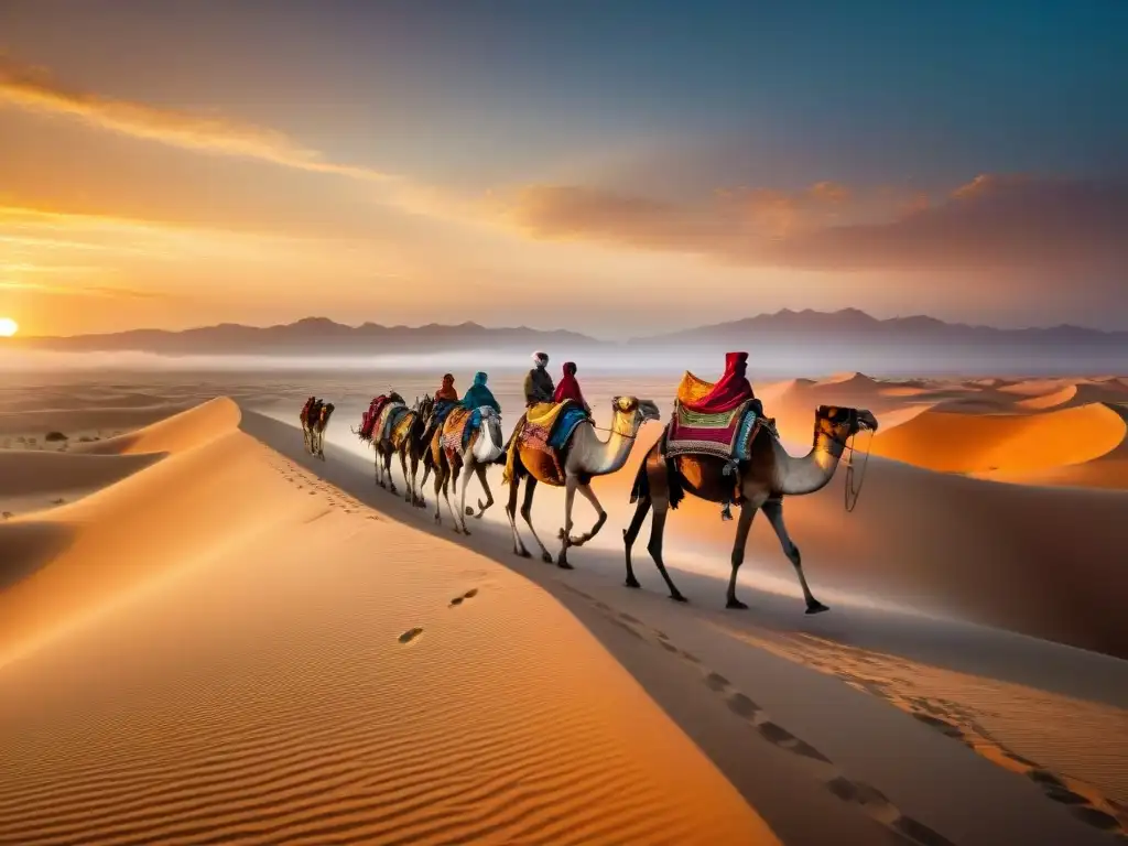 Caravana nómada cruzando desierto al atardecer, evocando gestión de recursos naturales nómadas