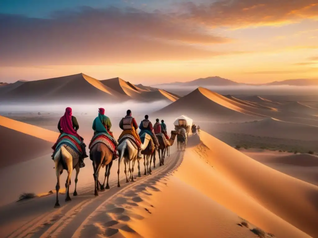 Caravana nómada cruzando el desierto al atardecer, reflejando los Principios de movimiento nómada