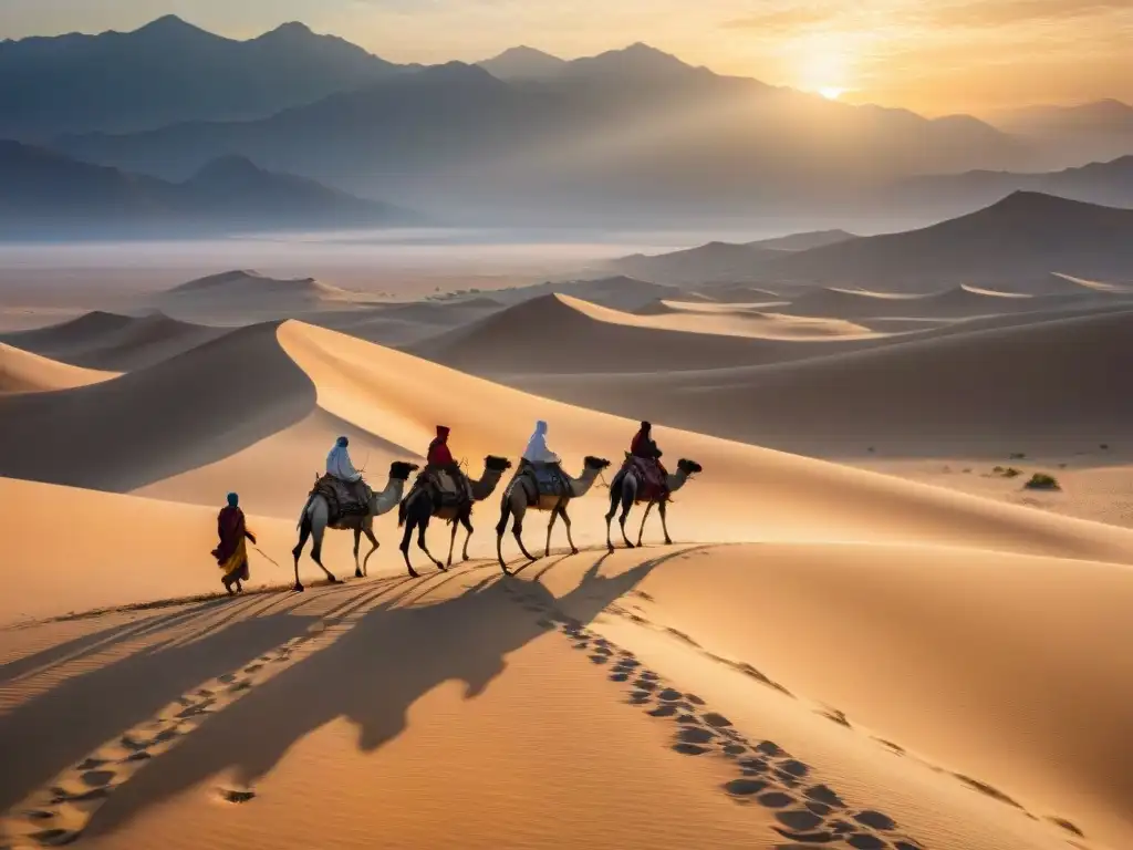 Caravana nómada atraviesa el desierto al atardecer, con siluetas, camellos y herencia nómada en turismo