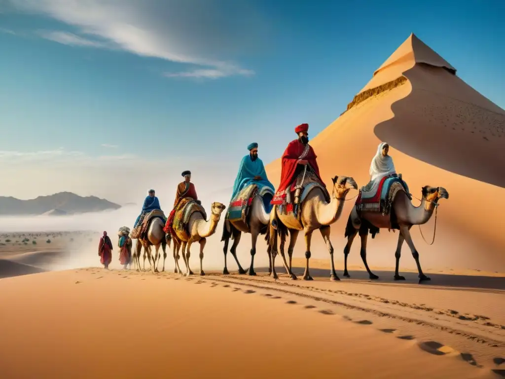 Caravana nómada cruzando un desierto dorado bajo un cielo azul, con elementos nómadas en vestimenta colorida y detallada