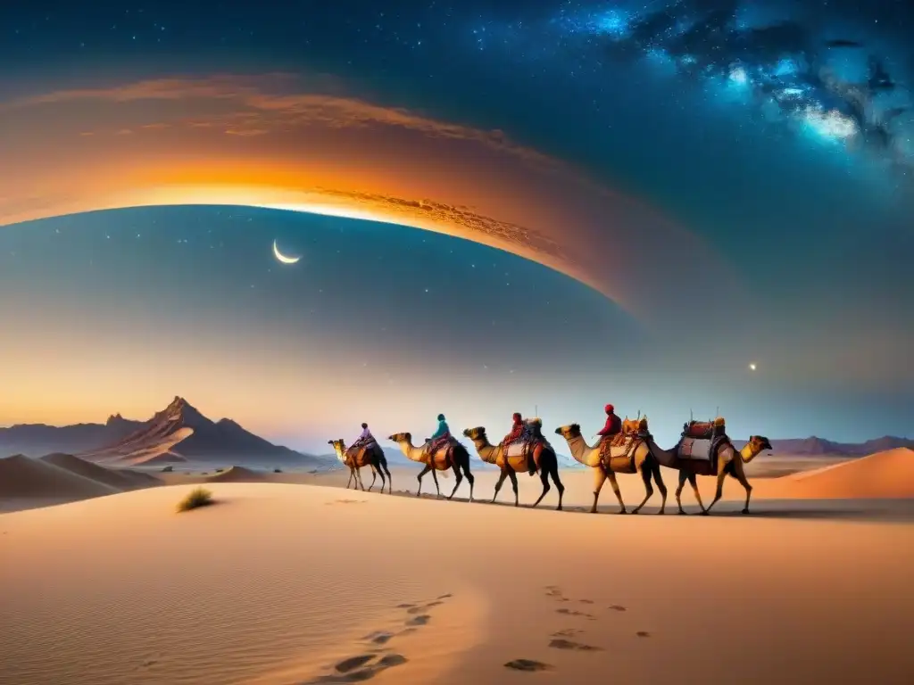 Caravana nómada en desierto estrellado, logística de largas campañas con camellos y tiendas