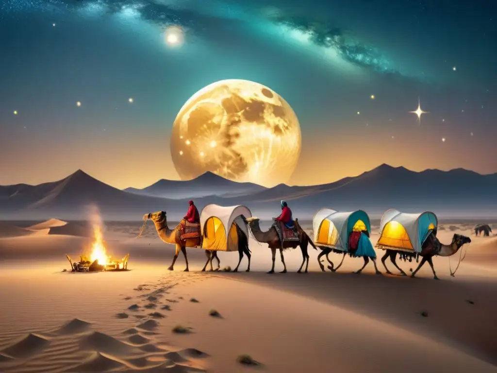 Caravana nómada en desierto estrellado: logística nómada recursos largas campañas