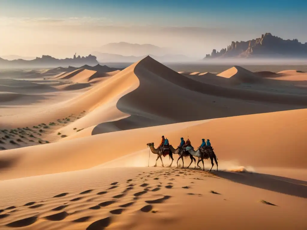 Una caravana nómada atraviesa un desierto implacable en una foto vintage de alta resolución