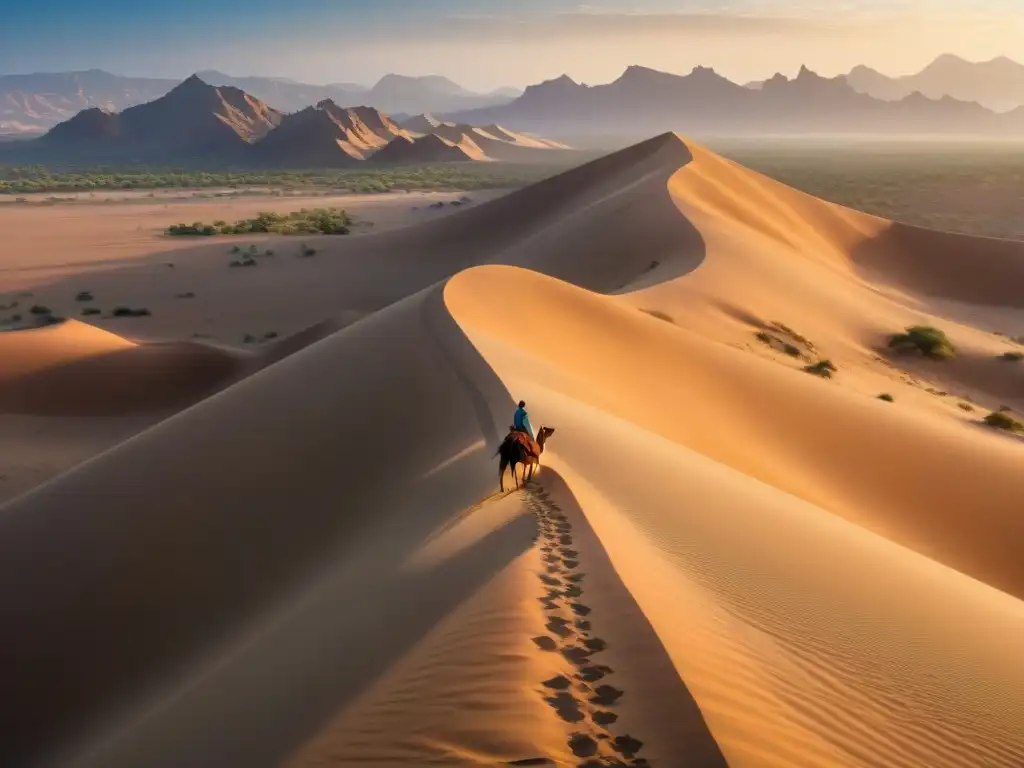 Caravana nómada cruzando dunas al atardecer, con influencia nómada geopolítica presente