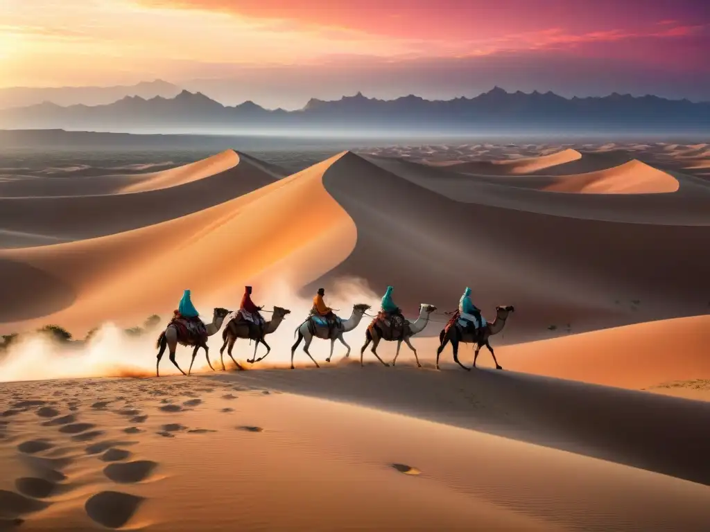 Caravana de nómadas en desierto antiguo, con atuendos y joyas coloridas, reflejando alianzas entre tribus nómadas