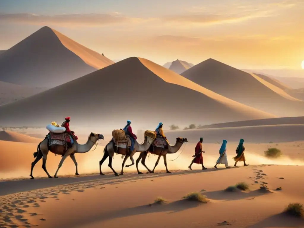 Caravana de nómadas viajando en el desierto al atardecer, demostrando logística nómada recursos largas campañas