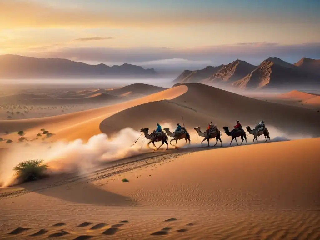 Caravana de nómadas en desierto al atardecer