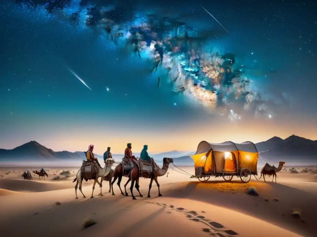 Caravana de nómadas viajando en desierto bajo un cielo estrellado, usando herramientas de navegación en tribus nómadas