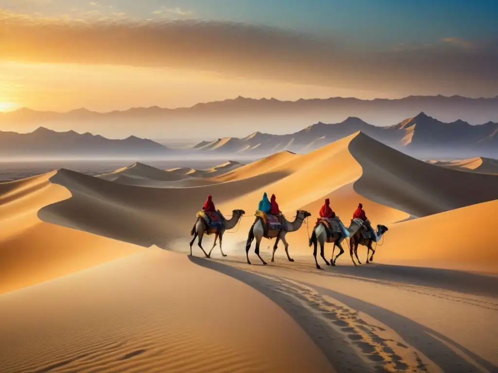 Caravana de nómadas resistiendo en la Ruta de la Seda, con camellos cargados y atardecer dorado en el desierto