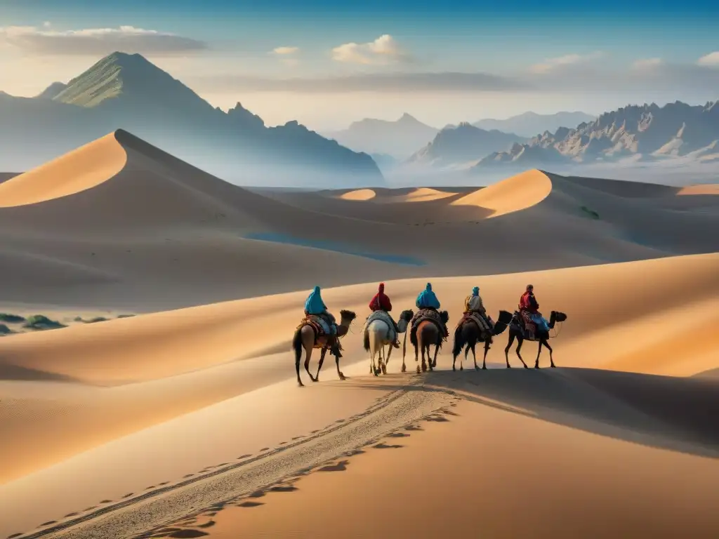 Épica travesía de nómadas selyúcidas en el desierto Caravana de nómadas selyúcidas surcando desierto en sus caballos, evocando la historia de los selyúcidas nómadas