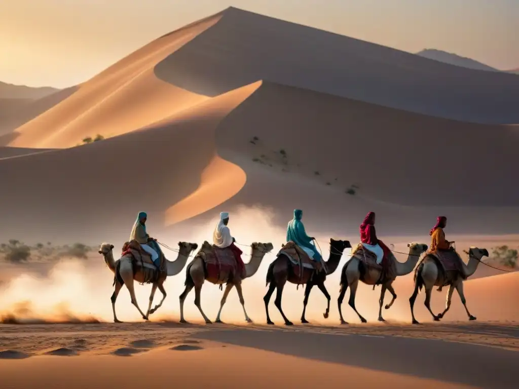 Caravana de nómadas llevando sistemas de purificación de agua en el desierto al atardecer