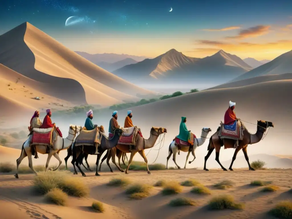 Caravana de sanadores nómadas en la Ruta de la Seda, cargada de hierbas medicinales