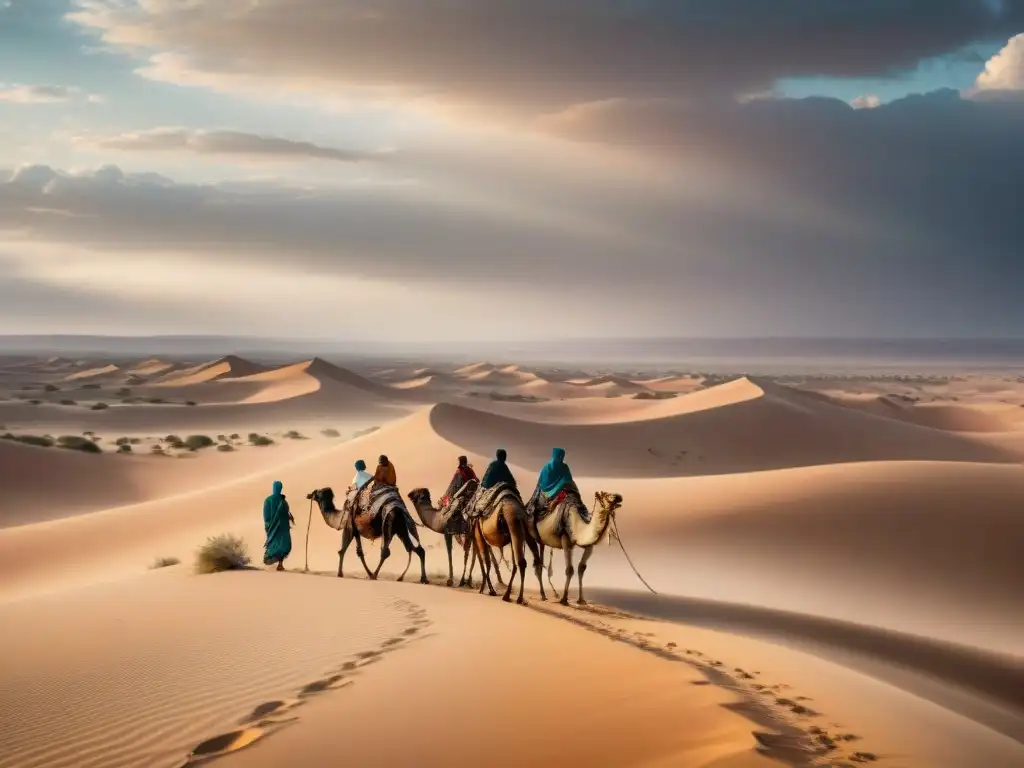 Caravana de tribu beduina cruzando desierto en imagen detallada 8k