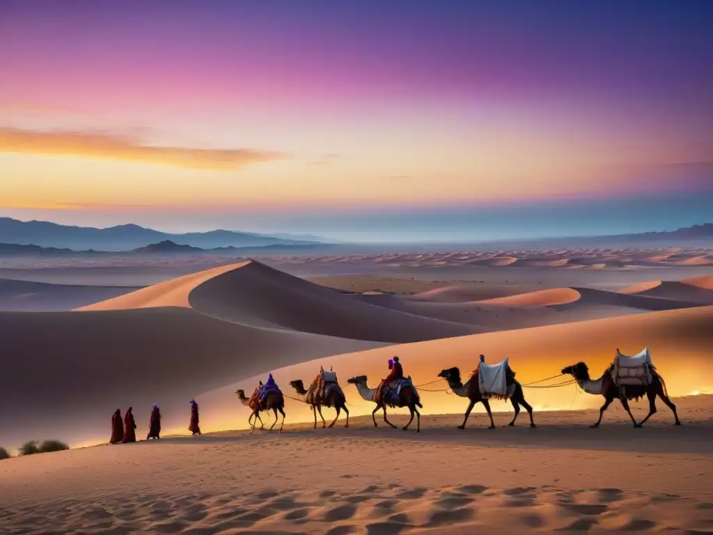 Caravana de tribu nómada cruzando desierto al atardecer, con tiendas detalladas, camellos cargados y miembros en diversas actividades