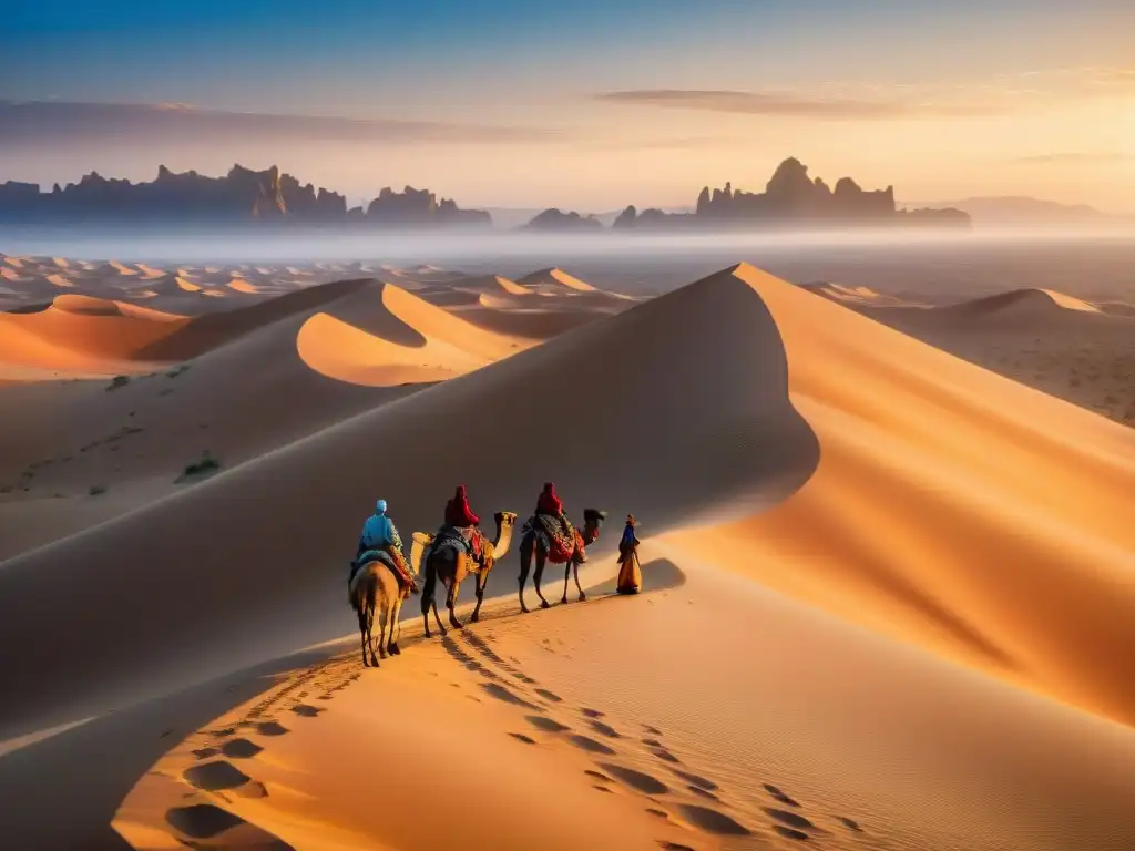 Caravana de tribus nómadas viajando en camellos por el desierto dorado al atardecer, historia de migraciones