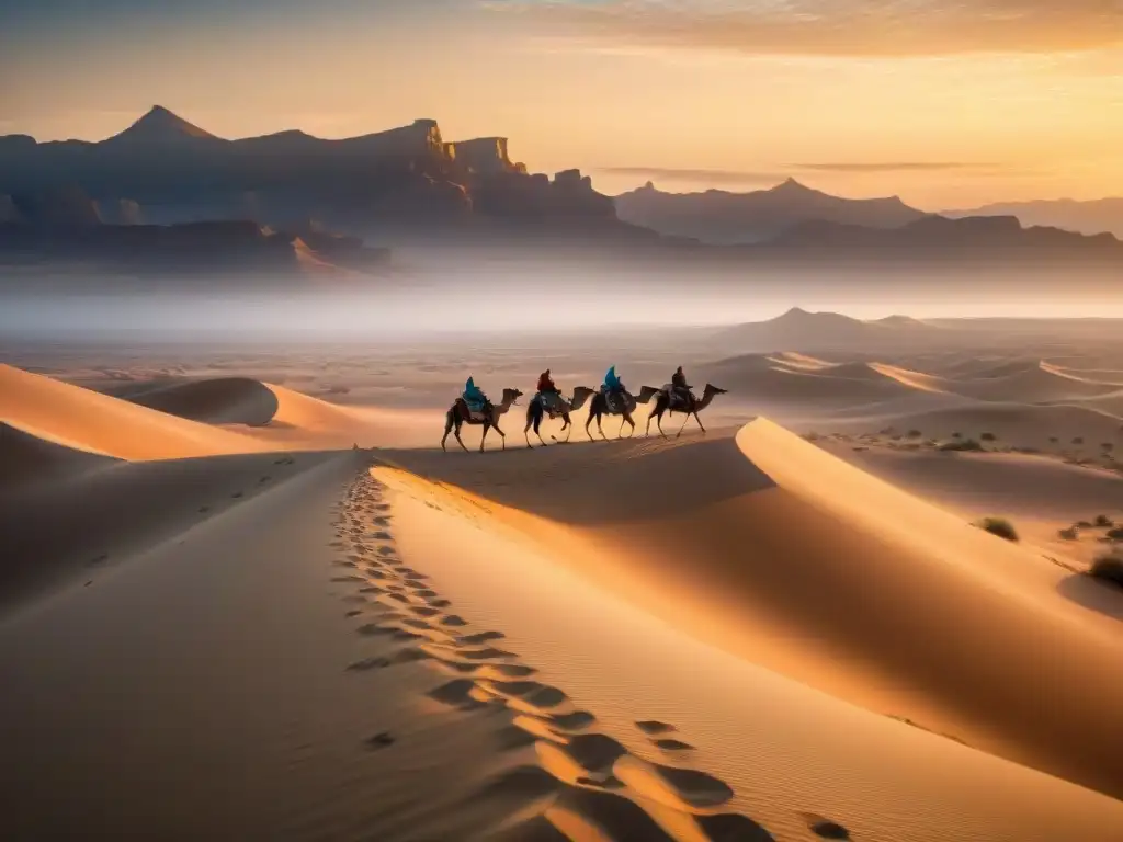 Caravana de tribus nómadas en desierto estrellado, conectando civilizaciones antiguas