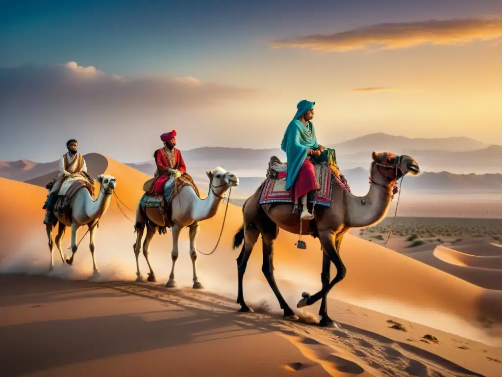 Una caravana de tribus nómadas migrando en el desierto bajo un cielo estrellado, destacando su legado cultural en cada detalle