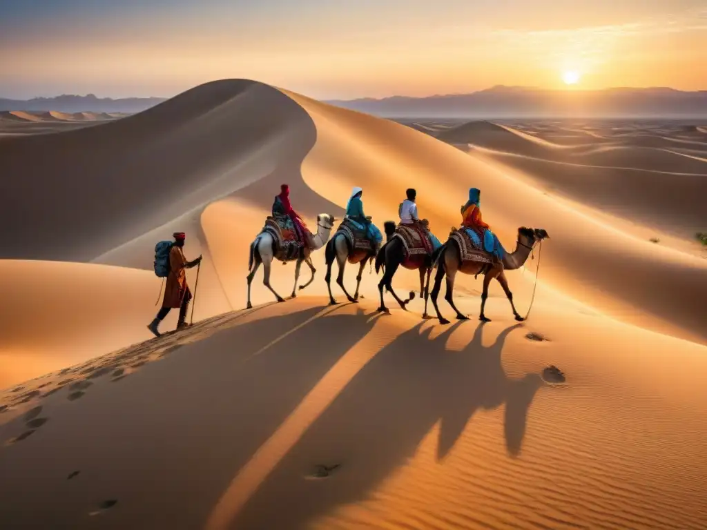 Caravana de tribus nómadas en desierto al atardecer, historia tribus nómadas poblaron mundo