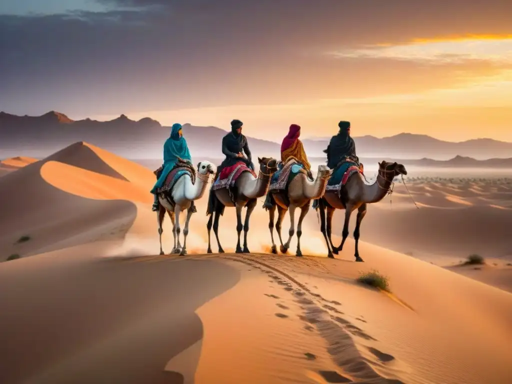 Caravana de tribus nómadas en desierto al atardecer, con patrimonio cultural de camellos y textiles coloridos