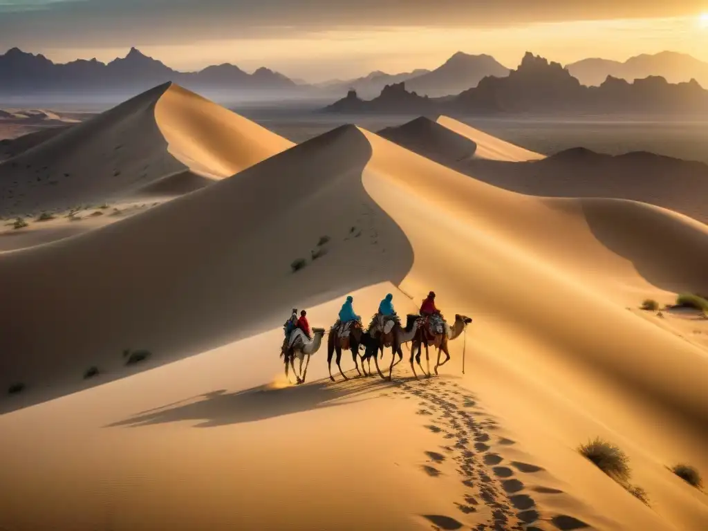 Una caravana de tribus nómadas atraviesa el desierto en camellos al atardecer